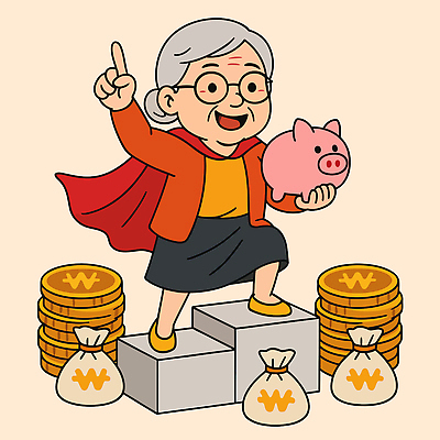 전신 여자 노년 할머니 일러스트 한명 미소 실버라이프 노후 돼지저금통 가리킴 원화 돈자루 망토 단상 동전탑 연금 노인여자한명만 안경낌 국내일러스트 AI파일 1 라이프스타일 안경 돈 표정 사람 손짓 성인 쌓기 동전 저금통 여자한명만 노인여자만 파일형식 벡터