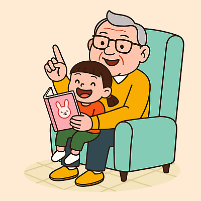전신 여자 할아버지 노년 남자 할머니 어린이 일러스트 손녀 미소 들기 앉기 소녀 두명 책 실버라이프 노후 소파 독서 가리킴 연금 안경낌 국내일러스트 AI파일 라이프스타일 안경 의자 모션 표정 사람 손짓 성인 손주 파일형식 벡터