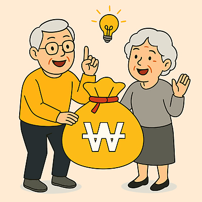 전신 여자 할아버지 노년 남자 할머니 일러스트 전구 미소 들기 두명 실버라이프 노후 손들기 원화 돈자루 연금 노인만 안경낌 국내일러스트 AI파일 라이프스타일 안경 돈 모션 표정 사람 성인 성인만 파일형식 벡터