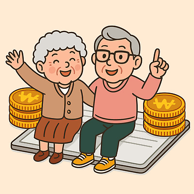 전신 여자 할아버지 노년 남자 할머니 일러스트 미소 앉기 두명 실버라이프 노후 손들기 가리킴 원화 통장 동전탑 연금 노인만 안경낌 국내일러스트 AI파일 라이프스타일 안경 돈 모션 표정 사람 손짓 성인 금융 쌓기 동전 성인만 파일형식 벡터