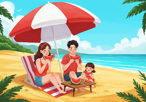 JPG 전신 구름 여자 남자 어린이 잎 일러스트 가족 탁자 하늘 가족여행 산 여름방학 들기 앉기 소녀 성인 해변 세명 여름휴가 여름풍경 머리띠 즐거움 휴양지 선베드 수박조각 국내일러스트 AI일러스트 AI콘텐츠 자연요소 식물 감정 바다 조각 여행 가구 의자 장신구 관계 모션 방학 휴가 수박 사람 풍경 장소 파일형식 여름_계절