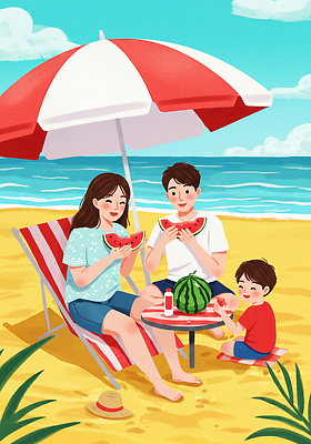 JPG 전신 구름 여자 남자 어린이 일러스트 가족 탁자 하늘 가족여행 여름방학 들기 앉기 소년 성인 해변 세명 여름휴가 여름풍경 풀잎 즐거움 휴양지 선베드 수박조각 챙모자 국내일러스트 AI일러스트 AI콘텐츠 자연요소 모자_잡화 감정 바다 조각 여행 가구 잎 의자 관계 모션 방학 휴가 수박 사람 풍경 장소 풀_식물 파일형식 여름_계절