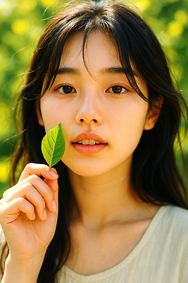 JPG 편집이미지 여자 나뭇잎 한명 미소 들기 상반신 성인 여름 감성 의료성형뷰티 성인여자한명만 편집실사 AI인물포토 AI콘텐츠 1 계절 컨셉 잎 모션 표정 사람 CG 여자한명만 성인여자만 파일형식 AI포토