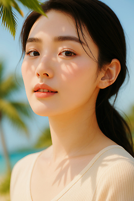 JPG 편집이미지 여자 잎 한명 미소 상반신 성인 여름 감성 의료성형뷰티 성인여자한명만 편집실사 AI인물포토 AI콘텐츠 식물 1 계절 컨셉 표정 사람 CG 여자한명만 성인여자만 파일형식 AI포토