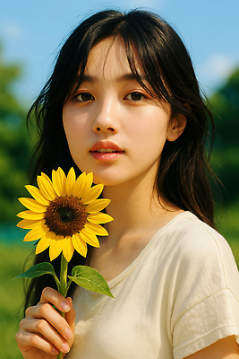 JPG 편집이미지 여자 해바라기 한명 미소 들기 상반신 성인 여름 감성 의료성형뷰티 성인여자한명만 편집실사 AI인물포토 AI콘텐츠 1 계절 꽃 컨셉 모션 표정 사람 CG 여자한명만 성인여자만 파일형식 AI포토