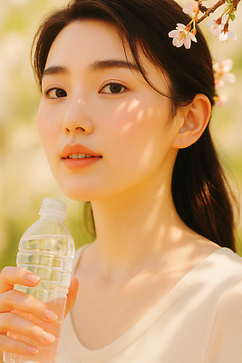 JPG 편집이미지 여자 한명 미소 들기 상반신 성인 여름 벚나무 물병 감성 의료성형뷰티 성인여자한명만 편집실사 AI인물포토 AI콘텐츠 나무 1 계절 컨셉 모션 표정 사람 벚꽃 물통 CG 여자한명만 성인여자만 파일형식 AI포토