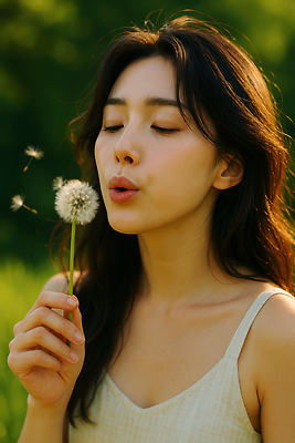 JPG 편집이미지 여자 한명 들기 상반신 성인 여름 눈감음 민들레 불기 감성 의료성형뷰티 성인여자한명만 편집실사 AI인물포토 AI콘텐츠 1 계절 꽃 컨셉 모션 사람 CG 여자한명만 성인여자만 파일형식 AI포토