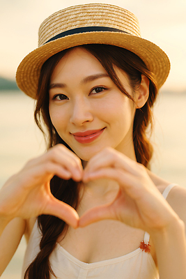 JPG 편집이미지 여자 한명 미소 상반신 성인 여름 감성 손하트 챙모자 의료성형뷰티 성인여자한명만 편집실사 AI인물포토 AI콘텐츠 모자_잡화 1 계절 컨셉 표정 사람 손짓 CG 여자한명만 성인여자만 파일형식 AI포토