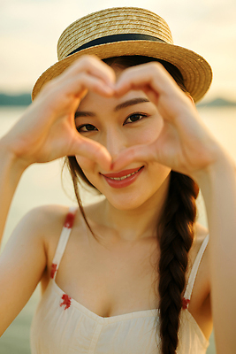 JPG 편집이미지 여자 한명 미소 상반신 성인 여름 감성 손하트 챙모자 의료성형뷰티 성인여자한명만 편집실사 AI인물포토 AI콘텐츠 모자_잡화 1 계절 컨셉 표정 사람 손짓 CG 여자한명만 성인여자만 파일형식 AI포토