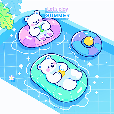하늘색 일러스트 물놀이 휴식 수영장 들기 사람없음 여름휴가 반짝임 눕기 귀여움 수영 떠있는 비치볼 곰캐릭터 북극곰 백곰 비치베드 튜브 국내일러스트 AI파일 동물캐릭터 컨셉 공 곰 모션 놀이 휴가 바캉스용품 파란색 수상스포츠 파일형식 벡터 여름_계절