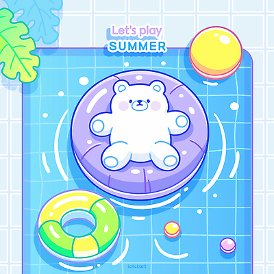 물결 하늘색 잎 일러스트 물놀이 휴식 수영장 사람없음 여름휴가 눕기 귀여움 수영 떠있는 비치볼 곰캐릭터 북극곰 백곰 튜브 국내일러스트 AI파일 식물 동물캐릭터 컨셉 공 곰 모션 놀이 휴가 바캉스용품 파란색 수상스포츠 파일형식 벡터 여름_계절