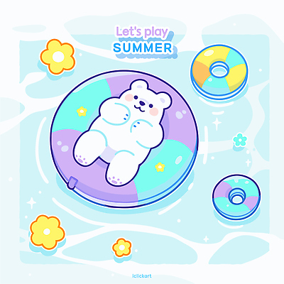 꽃 물결 하늘색 일러스트 물놀이 휴식 수영장 사람없음 여름휴가 반짝임 눕기 귀여움 수영 떠있는 비치볼 곰캐릭터 북극곰 백곰 튜브 국내일러스트 AI파일 식물 동물캐릭터 컨셉 공 곰 모션 놀이 휴가 바캉스용품 파란색 수상스포츠 파일형식 벡터 여름_계절