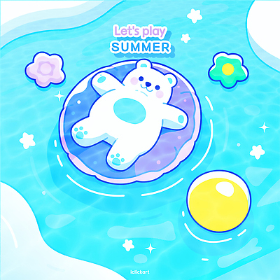 꽃 물결 하늘색 일러스트 물놀이 휴식 수영장 사람없음 여름휴가 반짝임 눕기 귀여움 수영 떠있는 비치볼 곰캐릭터 북극곰 백곰 튜브 국내일러스트 AI파일 식물 동물캐릭터 컨셉 공 곰 모션 놀이 휴가 바캉스용품 파란색 수상스포츠 파일형식 벡터 여름_계절