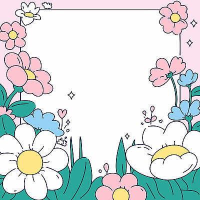 꽃 분홍색 일러스트 사람없음 반짝임 귀여움 봄 풀잎 화사함 꽃프레임 키치 국내일러스트 AI파일 식물 계절 컬러 컨셉 잎 모션 프레임 풀_식물 파일형식 벡터