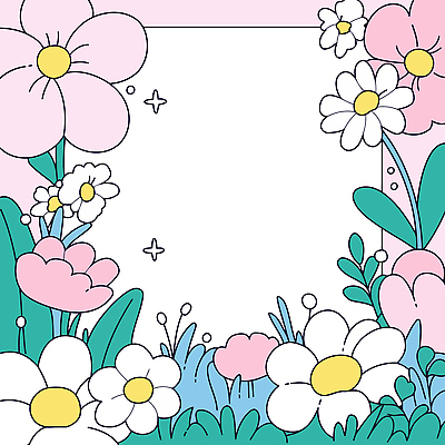 꽃 분홍색 일러스트 사람없음 반짝임 귀여움 봄 풀잎 화사함 꽃프레임 키치 국내일러스트 AI파일 식물 계절 컬러 컨셉 잎 모션 프레임 풀_식물 파일형식 벡터