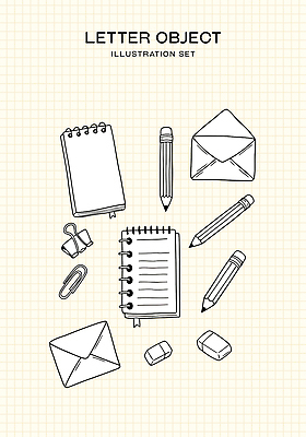 일러스트 편지봉투 사람없음 세트 연필 오브젝트 지우개 클립 격자 스프링노트 서류집게 스프링수첩 연노랑색 국내일러스트 AI파일 무늬 학용품 봉투 집게 필기구 노란색 다이어리 공책 편지 파일형식 벡터