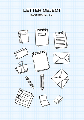 하늘색 일러스트 편지봉투 사람없음 세트 연필 오브젝트 지우개 격자 스프링노트 서류집게 스프링수첩 체크리스트 국내일러스트 AI파일 무늬 학용품 봉투 집게 파란색 필기구 다이어리 공책 편지 파일형식 벡터