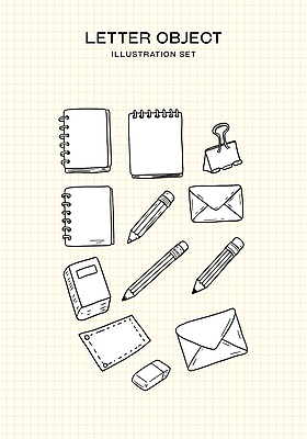 일러스트 편지봉투 사람없음 책 세트 연필 오브젝트 지우개 격자 스프링노트 서류집게 스프링수첩 연노랑색 국내일러스트 AI파일 무늬 학용품 봉투 집게 필기구 노란색 다이어리 공책 편지 파일형식 벡터