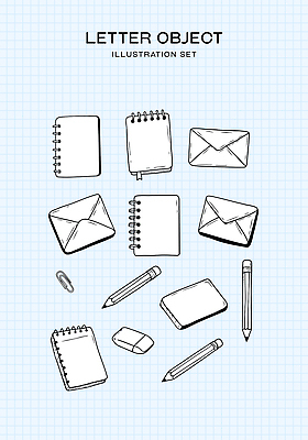 하늘색 일러스트 편지봉투 사람없음 세트 연필 오브젝트 지우개 클립 스프링노트 스프링수첩 국내일러스트 AI파일 학용품 봉투 파란색 필기구 다이어리 공책 편지 파일형식 벡터