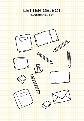 일러스트 편지봉투 사람없음 책 세트 연필 오브젝트 포스트잇 지우개 격자 스프링노트 서류집게 연노랑색 국내일러스트 AI파일 무늬 학용품 봉투 집게 필기구 노란색 공책 메모지 편지 파일형식 벡터