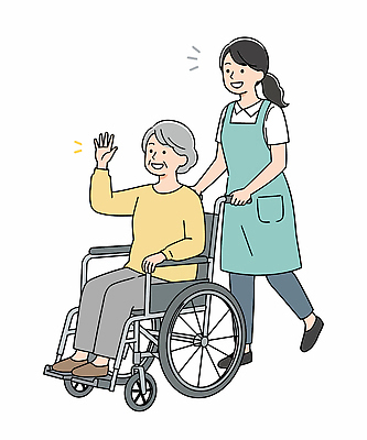 전신 여자 노년 일러스트 건강 미소 성인 두명 손들기 앞치마 밀기 휠체어 손인사 반가움 여자만 요양보험 일러캐릭터 AI파일 캐릭터 감정 모션 표정 사람 인사 보험 파일형식 벡터