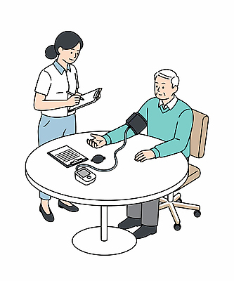 전신 여자 노년 남자 일러스트 탁자 건강 들기 앉기 성인 두명 펜 간호사 기록 문서 혈압계 요양보호사 바퀴의자 서류판 혈압 혈압측정 일러캐릭터 AI파일 직업 캐릭터 가구 의자 의학 의료기기 모션 사람 필기구 사무용품 의료진 측정 파일형식 벡터