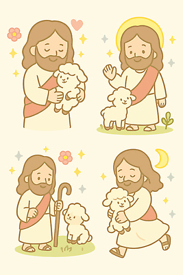 전신 남자 꽃 새끼 스티커 일러스트 안기 지팡이 들기 여러명 성인 반짝임 세트 달리기 귀여움 눈감음 달 하트 잡기 양 예수 손인사 후광 보살핌 성인남자만 국내일러스트 AI파일 자연요소 모양 식물 동물 다수 컨셉 포유류 모션 사람 빛 인사 신_종교 남자만 성인만 파일형식 벡터