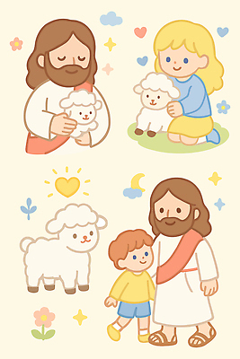 전신 구름 여자 남자 꽃 어린이 새끼 스티커 일러스트 포옹 미소 소녀 소년 여러명 상반신 성인 반짝임 세트 귀여움 눈감음 하트 양 예수 무릎꿇기 보살핌 국내일러스트 AI파일 자연요소 모양 식물 동물 다수 컨셉 포유류 안기 모션 표정 사람 신_종교 파일형식 벡터