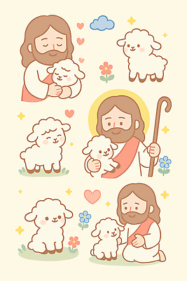 전신 구름 남자 꽃 새끼 스티커 일러스트 안기 지팡이 사랑 미소 들기 상반신 성인 세명 반짝임 세트 귀여움 눈감음 하트 양 예수 무릎꿇기 후광 보살핌 성인남자만 국내일러스트 AI파일 자연요소 모양 식물 동물 감정 컨셉 포유류 모션 표정 사람 빛 신_종교 남자만 성인만 파일형식 벡터