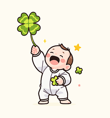 전신 별 일러스트 한명 서기 웃음 들기 반짝임 손들기 귀여움 아기 행운 네잎클로버 유아복 일러캐릭터 AI파일 자연요소 식물 캐릭터 1 옷 컨셉 모션 표정 사람 아기용품 클로버 파일형식 벡터