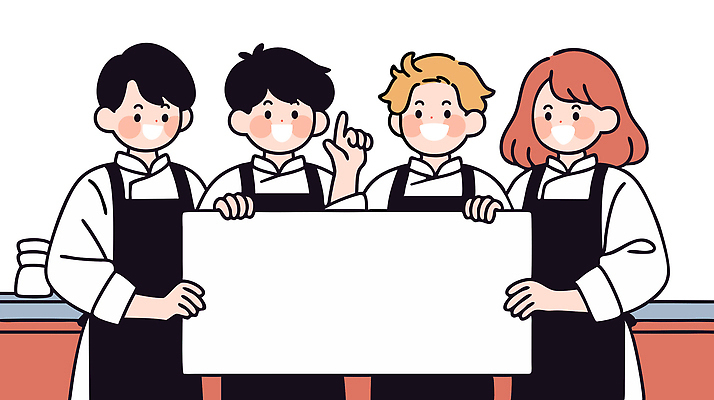 여자 남자 유니폼 일러스트 협력 미소 들기 여러명 청년 앞치마 카페 팻말 가리킴 종업원 직원 창업 바리스타 커뮤니티 청년만 카피스페이스 소상공인 국내일러스트 AI파일 직업 옷 다수 모션 프레임 표정 사람 손짓 성인 경제 상점 공백 상인 자영업 성인만 파일형식 벡터