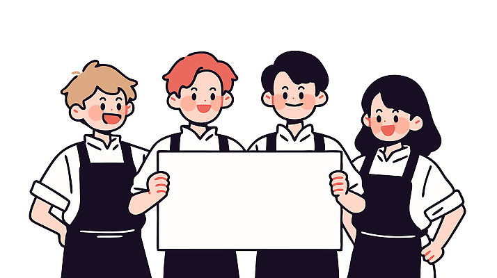 여자 남자 허리손 유니폼 일러스트 협력 미소 들기 여러명 상반신 청년 앞치마 카페 팻말 종업원 직원 창업 바리스타 커뮤니티 청년만 카피스페이스 소상공인 국내일러스트 AI파일 직업 옷 포즈 다수 모션 프레임 표정 사람 성인 경제 상점 공백 상인 자영업 성인만 파일형식 벡터