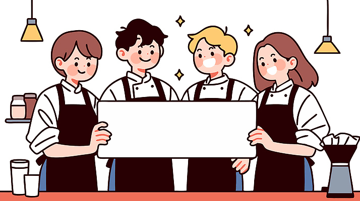 여자 남자 유니폼 일러스트 협력 조명 미소 들기 여러명 상반신 청년 반짝임 앞치마 카페 팻말 종업원 직원 창업 바리스타 커뮤니티 청년만 카피스페이스 소상공인 국내일러스트 AI파일 직업 옷 다수 모션 프레임 표정 사람 성인 경제 상점 공백 상인 자영업 성인만 파일형식 벡터