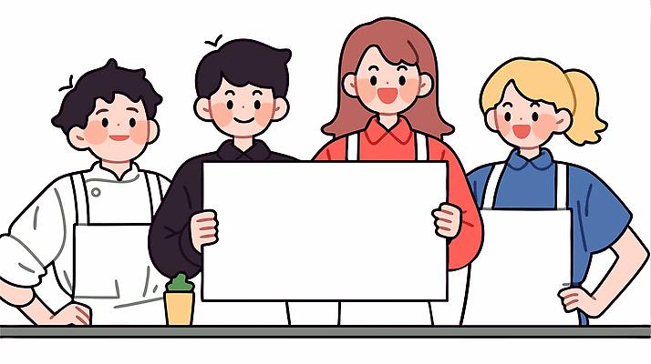 여자 남자 허리손 유니폼 일러스트 협력 미소 들기 여러명 상반신 청년 앞치마 카페 팻말 종업원 직원 창업 바리스타 커뮤니티 청년만 카피스페이스 소상공인 국내일러스트 AI파일 직업 옷 포즈 다수 모션 프레임 표정 사람 성인 경제 상점 공백 상인 자영업 성인만 파일형식 벡터