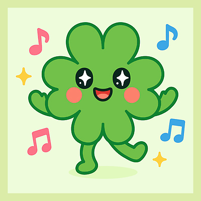 음표 일러스트 미소 사람없음 초록색 반짝임 손들기 귀여움 춤 행운 네잎클로버 즐거움 식물캐릭터 국내일러스트 일러캐릭터 AI파일 식물 캐릭터 기호 감정 음악 컬러 컨셉 모션 문화예술 표정 클로버 파일형식 벡터