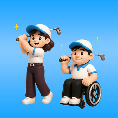 전신 PSD 편집이미지 여자 남자 미소 들기 앉기 성인 두명 파란색 반짝임 3D 골프채 스윙 장애인 골프웨어 휠체어 캡모자 성인만 파크골프 골프캐릭터 편집3D 캐릭터 모자_잡화 옷 컬러 포즈 골프 모션 골프용품 표정 사람 디지털합성 장애 파일형식