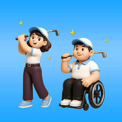 전신 PSD 편집이미지 여자 남자 미소 들기 앉기 성인 두명 파란색 반짝임 3D 골프채 스윙 장애인 골프웨어 휠체어 캡모자 성인만 파크골프 골프캐릭터 편집3D 캐릭터 모자_잡화 옷 컬러 포즈 골프 모션 골프용품 표정 사람 디지털합성 장애 파일형식