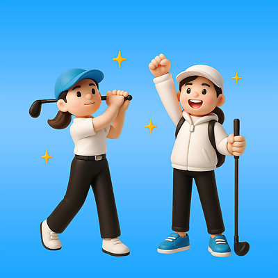 전신 PSD 편집이미지 여자 배낭 미소 들기 성인 두명 파란색 반짝임 3D 손들기 파이팅 골프채 잡기 스윙 골프웨어 캡모자 성인여자만 파크골프 골프캐릭터 편집3D 캐릭터 모자_잡화 옷 컬러 포즈 골프 가방 모션 골프용품 표정 사람 디지털합성 여자만 성인만 파일형식