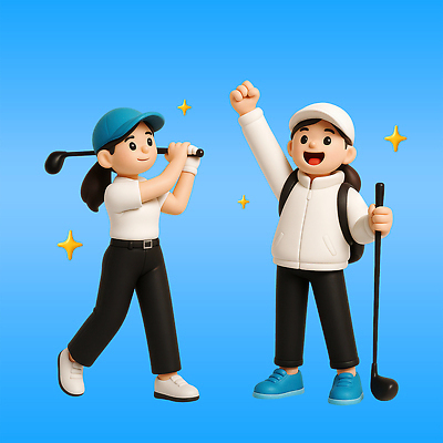 전신 PSD 편집이미지 여자 미소 들기 성인 두명 파란색 반짝임 3D 손들기 파이팅 골프채 잡기 스윙 골프웨어 전신거울 캡모자 성인여자만 파크골프 골프캐릭터 편집3D 캐릭터 모자_잡화 옷 컬러 포즈 골프 모션 골프용품 표정 사람 거울 디지털합성 여자만 성인만 파일형식