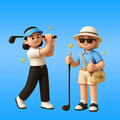 전신 PSD 편집이미지 여자 미소 들기 성인 두명 파란색 반짝임 선글라스 3D 골프채 잡기 스윙 골프웨어 크로스백 따봉 썬캡 벙거지모자 성인여자만 파크골프 골프캐릭터 편집3D 캐릭터 모자_잡화 옷 안경 컬러 포즈 골프 가방 모션 골프용품 표정 사람 최고 디지털합성 여자만 성인만 파일형식