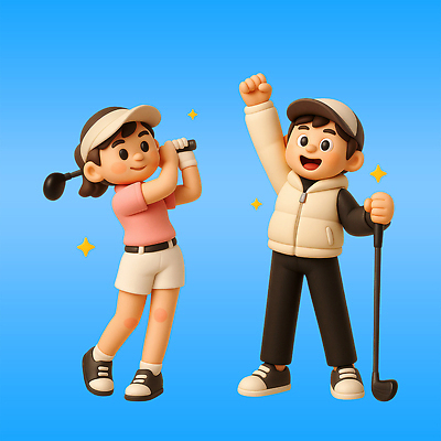 전신 PSD 편집이미지 여자 남자 미소 들기 성인 두명 파란색 반짝임 3D 손들기 파이팅 골프채 스윙 골프웨어 골프장갑 썬캡 캡모자 패딩조끼 성인만 파크골프 골프캐릭터 편집3D 캐릭터 모자_잡화 옷 컬러 포즈 장갑 골프 모션 골프용품 표정 사람 조끼 디지털합성 패딩 파일형식