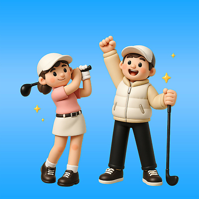 전신 PSD 편집이미지 여자 남자 미소 들기 성인 두명 파란색 반짝임 3D 손들기 파이팅 골프채 스윙 골프웨어 골프장갑 캡모자 패딩조끼 성인만 파크골프 골프캐릭터 편집3D 캐릭터 모자_잡화 옷 컬러 포즈 장갑 골프 모션 골프용품 표정 사람 조끼 디지털합성 패딩 파일형식