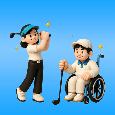 전신 PSD 편집이미지 여자 남자 미소 들기 앉기 성인 두명 파란색 반짝임 3D 골프채 스윙 장애인 휠체어 퍼팅 썬캡 캡모자 성인만 파크골프 골프캐릭터 편집3D 캐릭터 모자_잡화 컬러 포즈 골프 모션 골프용품 표정 사람 디지털합성 장애 파일형식