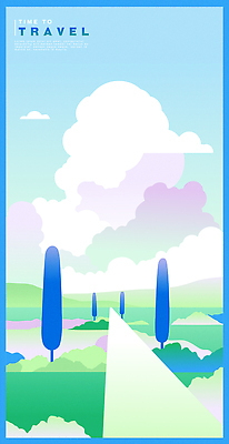 나무 구름 도로 길 일러스트 하늘 산 사람없음 파란색 풀 국내일러스트 AI파일 자연요소 식물 컬러 교통시설 파일형식 벡터