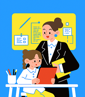 학생 여자 어린이 의자 일러스트 미소 들기 앉기 소녀 성인 두명 책 파란색 태블릿 교사 칠판 가르침 책상 문서 연필꽂이 과외 특강 여자만 국내일러스트 AI파일 직업 교육 컬러 가구 모션 수업 문구용품 표정 사람 전자제품 스마트기기 학습 강의 파일형식 벡터