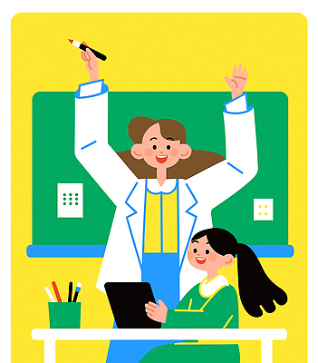 학생 여자 어린이 의자 일러스트 미소 들기 앉기 소녀 성인 두명 초록색 태블릿 펜 노란색 교사 칠판 만세 가르침 책상 연필꽂이 과외 특강 여자만 국내일러스트 AI파일 직업 교육 컬러 가구 모션 수업 문구용품 표정 사람 전자제품 스마트기기 학습 필기구 강의 파일형식 벡터