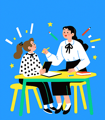 전신 학생 여자 별 의자 일러스트 청소년 미소 들기 앉기 성인 두명 책 파란색 태블릿 연필 교사 잡기 가르침 책상 과외 특강 여자만 국내일러스트 AI파일 자연요소 직업 교육 컬러 가구 모션 수업 학용품 표정 사람 전자제품 스마트기기 학습 필기구 강의 파일형식 벡터
