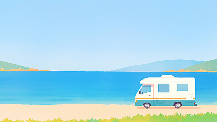 JPG 라이프스타일 바다 하늘색 일러스트 하늘 휴식 수채화 아웃도어 사람없음 여름풍경 캠핑 캠핑카 국내일러스트 AI일러스트 AI콘텐츠 컨셉 자동차 레저 풍경 생활 파란색 파일형식 여름_계절