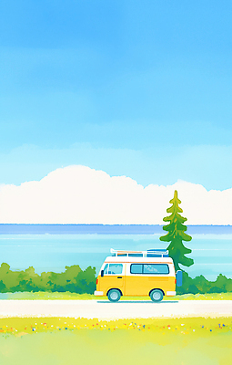 JPG 나무 구름 라이프스타일 바다 하늘색 일러스트 하늘 휴식 수채화 아웃도어 초원 사람없음 여름풍경 캠핑 캠핑카 국내일러스트 AI일러스트 AI콘텐츠 자연요소 식물 컨셉 자동차 레저 풍경 생활 파란색 파일형식 여름_계절