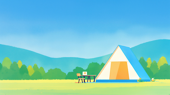 JPG 라이프스타일 하늘색 일러스트 탁자 하늘 휴식 수채화 산 아웃도어 텐트 초원 사람없음 여름풍경 캠핑 캠핑의자 국내일러스트 AI일러스트 AI콘텐츠 가구 컨셉 의자 레저 캠핑도구 풍경 생활 파란색 파일형식 여름_계절